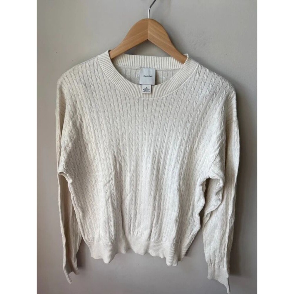 Calvin Klein Ivory Cable Knit Crewneck Sweater Small